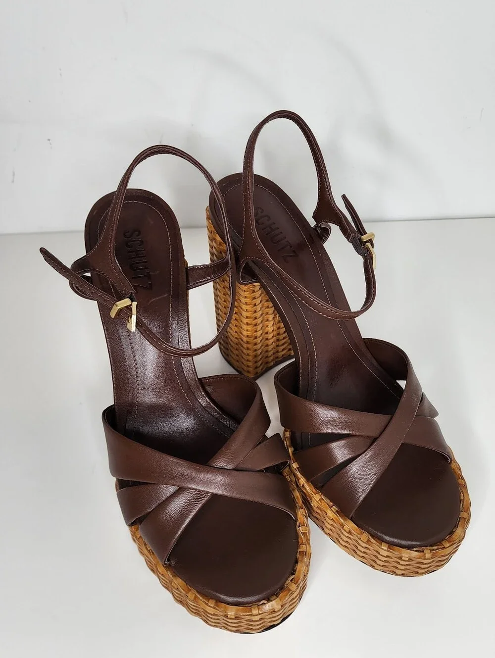 SCHUTZ Keefa Brown Leather Woven-Platform Heel Sandal Size 9.5